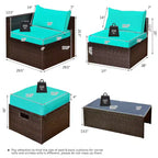 Costway Set Mobili da Giardino in Rattan 8 Pezzi Salvaspazio con Cuscini Neri/Turchesi/Blu Scuro