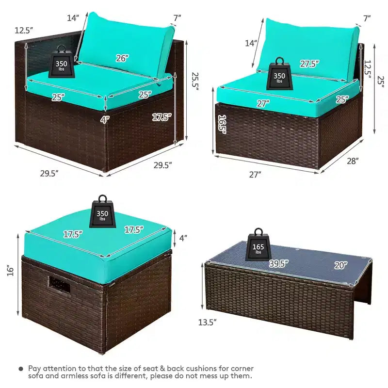 Costway Set Mobili da Giardino in Rattan 8 Pezzi Salvaspazio con Cuscini Neri/Turchesi/Blu Scuro