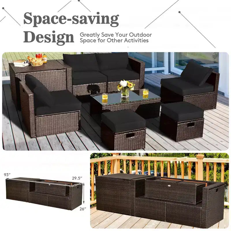 Costway Set Mobili da Giardino in Rattan 8 Pezzi Salvaspazio con Cuscini Neri/Turchesi/Blu Scuro