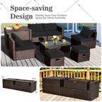 Costway Set Mobili da Giardino in Rattan 8 Pezzi Salvaspazio con Cuscini Neri/Turchesi/Blu Scuro