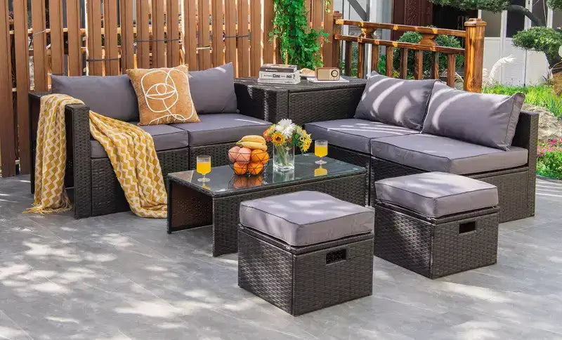 Costway Set Mobili da Giardino in Rattan 8 Pezzi Salvaspazio con Cuscini Neri/Turchesi/Blu Scuro