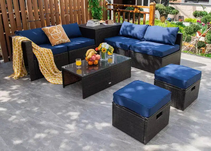 Costway Set Mobili da Giardino in Rattan 8 Pezzi Salvaspazio con Cuscini Neri/Turchesi/Blu Scuro