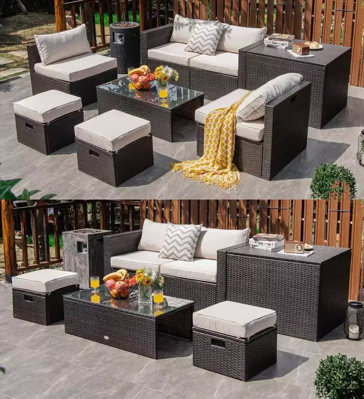Costway Set Mobili da Giardino in Rattan 8 Pezzi Salvaspazio con Cuscini Neri/Turchesi/Blu Scuro
