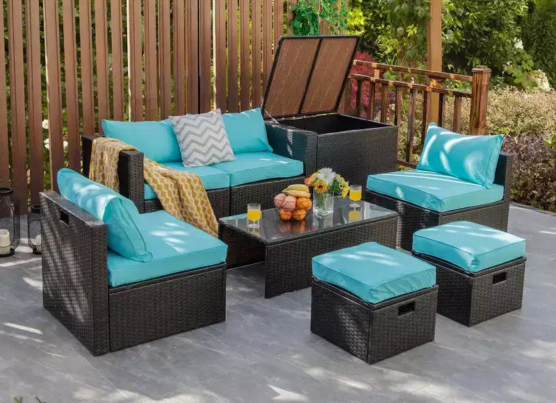 Costway Set Mobili da Giardino in Rattan 8 Pezzi Salvaspazio con Cuscini Neri/Turchesi/Blu Scuro