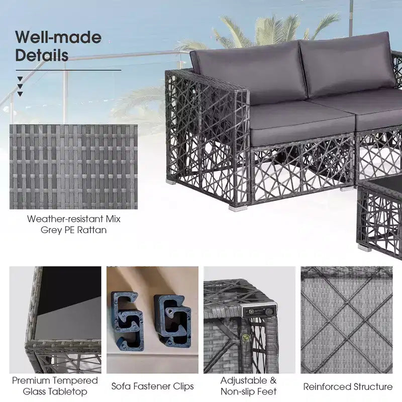Costway Set da 5 Pezzi Divano in Rattan PE per Patio con Cuscini per Esterni, Grigio