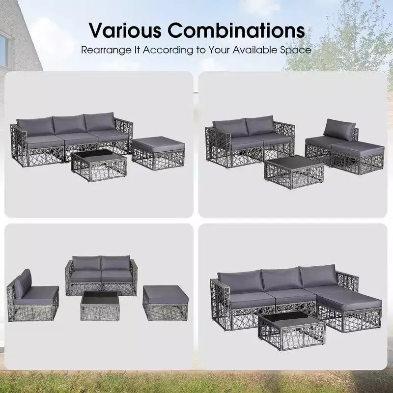 Costway Set da 5 Pezzi Divano in Rattan PE per Patio con Cuscini per Esterni, Grigio