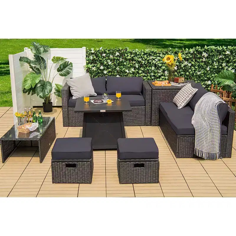 Costway 9PCS Patio Rattan Furniture Set Fire Pit Space-saving W/ Cushion cover