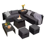 Costway 9PCS Patio Rattan Furniture Set Fire Pit Space-saving W/ Cushion cover