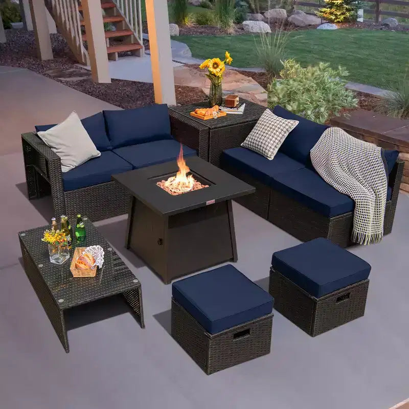 Costway 9PCS Patio Rattan Furniture Set Fire Pit Space-saving W/ Cushion cover