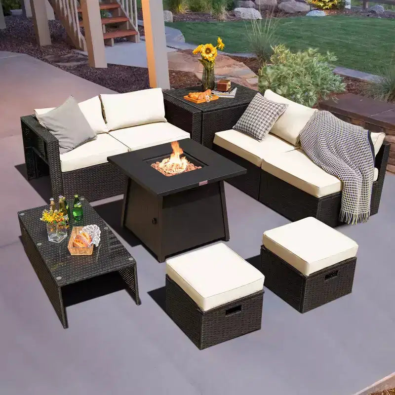 Costway 9PCS Patio Rattan Furniture Set Fire Pit Space-saving W/ Cushion cover