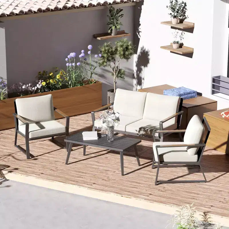 Set di mobili da patio Outsunny 4 pezzi, set da conversazione in alluminio, set di divani da giardino per esterni con poltrone, divanetto, tavolino centrale e cuscini