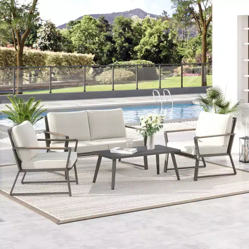 Set di mobili da patio Outsunny 4 pezzi, set da conversazione in alluminio, set di divani da giardino per esterni con poltrone, divanetto, tavolino centrale e cuscini