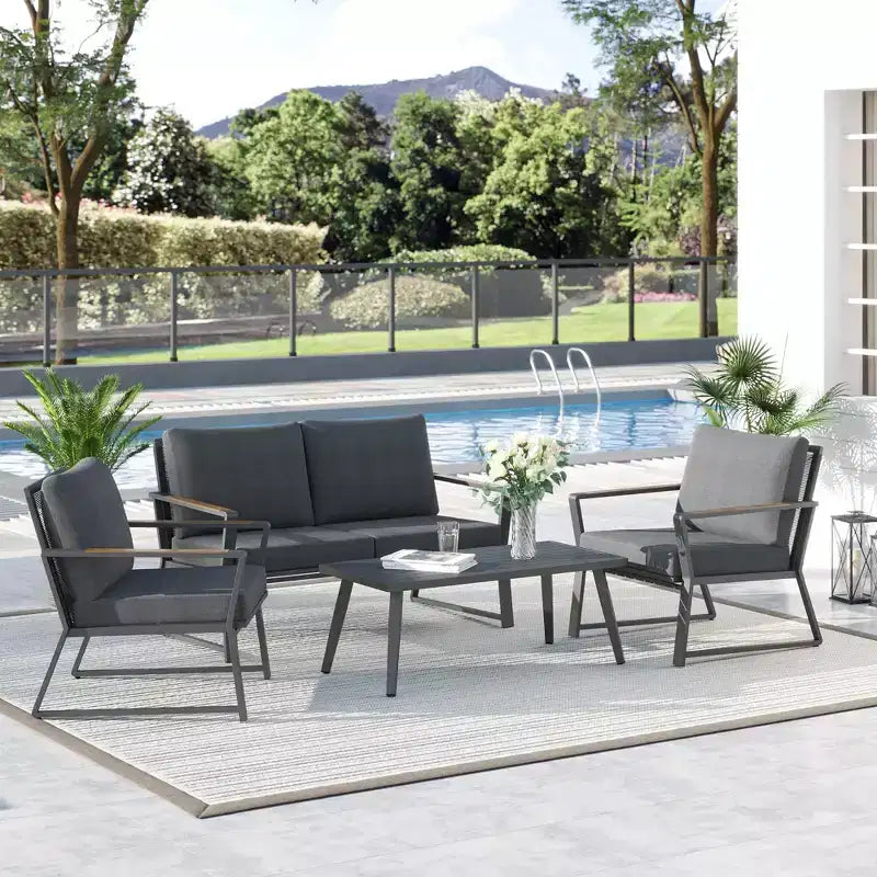 Set di mobili da patio Outsunny 4 pezzi, set da conversazione in alluminio, set di divani da giardino per esterni con poltrone, divanetto, tavolino centrale e cuscini