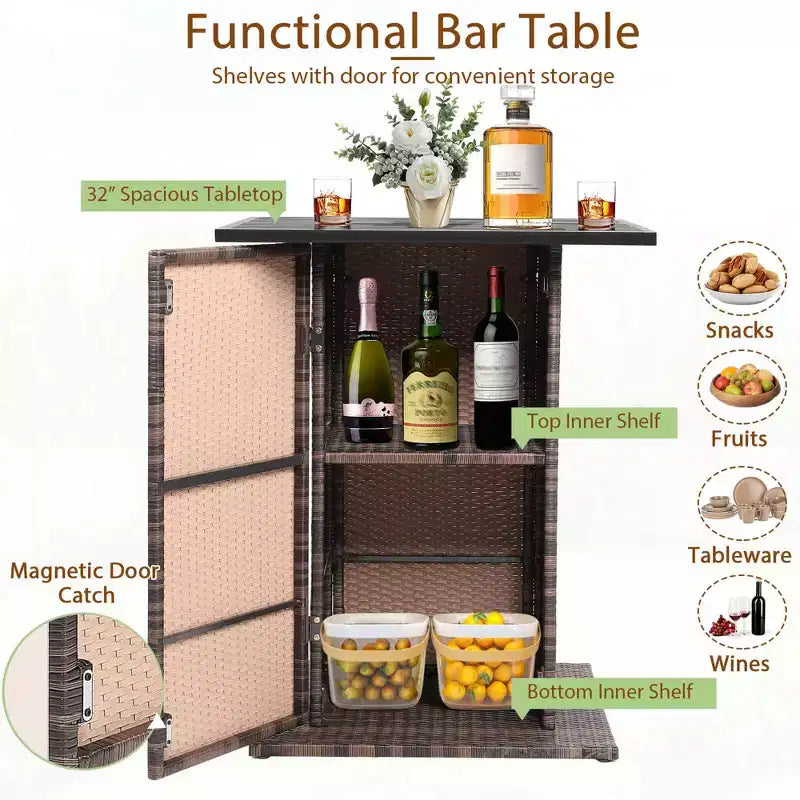 Costway Set 5 Pezzi Tavolo da Bar e Sgabelli in Rattan da Esterno con Ripiano Contenitore Nascosto e Cuscini