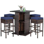 Costway Set 5 Pezzi Tavolo da Bar e Sgabelli in Rattan da Esterno con Ripiano Contenitore Nascosto e Cuscini