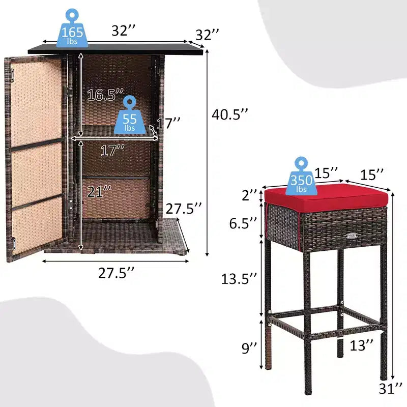 Costway Set 5 Pezzi Tavolo da Bar e Sgabelli in Rattan da Esterno con Ripiano Contenitore Nascosto e Cuscini