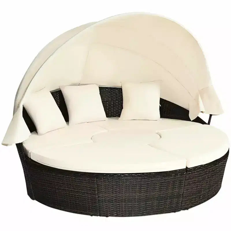 Costway Divano Lettino da Giardino in Rattan con Cuscini, Tavolo Regolabile, Tettuccio e 3 Cuscini