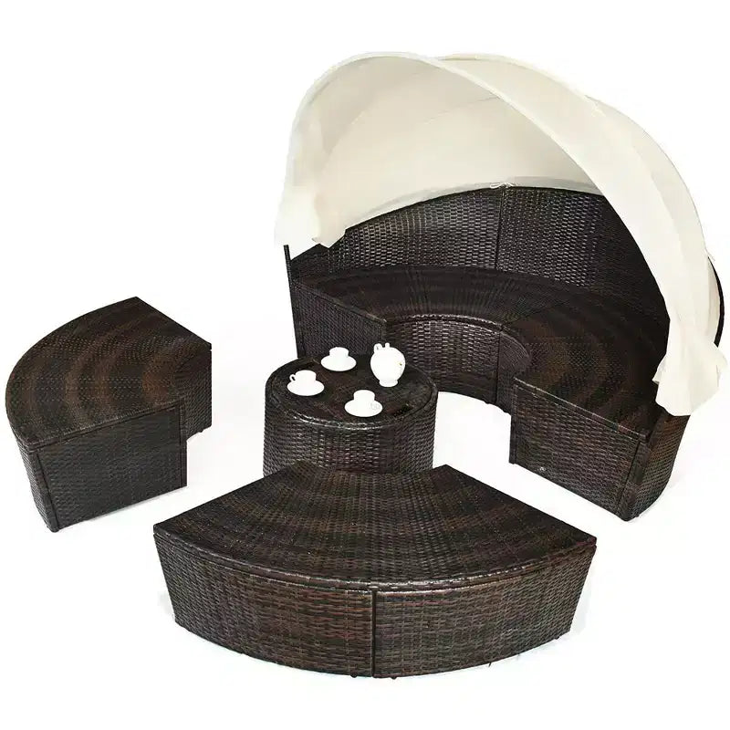 Costway Divano Lettino da Giardino in Rattan con Cuscini, Tavolo Regolabile, Tettuccio e 3 Cuscini