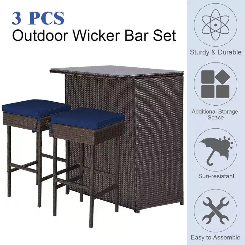 Costway Patio 3PCS Rattan Bar Table Stool Set Cushioned Chairs with Cover