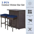 Costway Patio 3PCS Rattan Bar Table Stool Set Cushioned Chairs with Cover