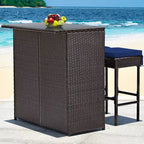 Costway Patio 3PCS Rattan Bar Table Stool Set Cushioned Chairs with Cover