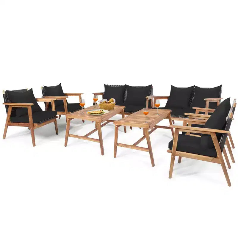 Set di mobili in rattan da giardino Costway 8 pezzi Divano imbottito in legno con rivestimento nero e turchese