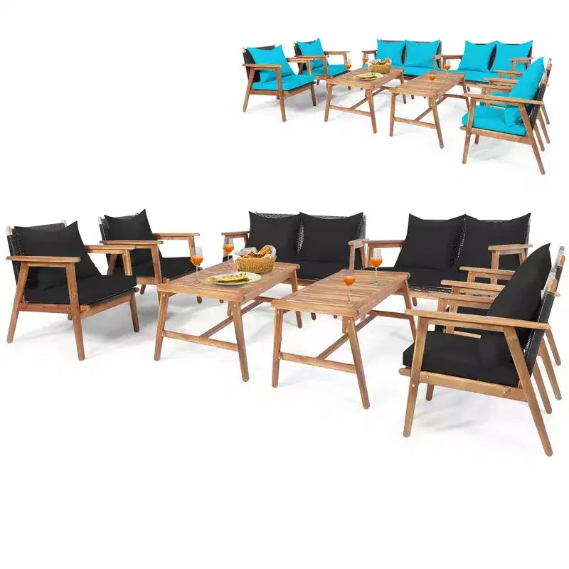 Set di mobili in rattan da giardino Costway 8 pezzi Divano imbottito in legno con rivestimento nero e turchese