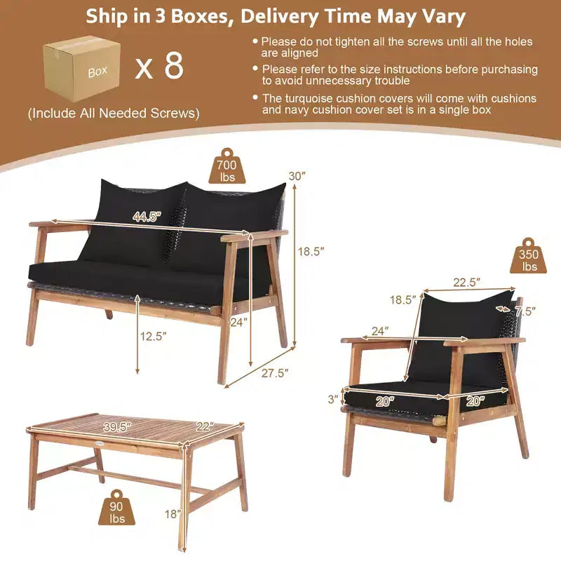 Set di mobili in rattan da giardino Costway 8 pezzi Divano imbottito in legno con rivestimento nero e turchese