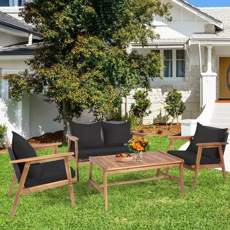 Set di mobili in rattan da giardino Costway 8 pezzi Divano imbottito in legno con rivestimento nero e turchese