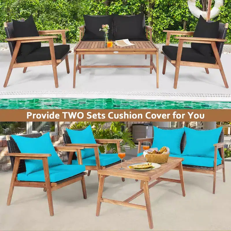 Set di mobili in rattan da giardino Costway 8 pezzi Divano imbottito in legno con rivestimento nero e turchese
