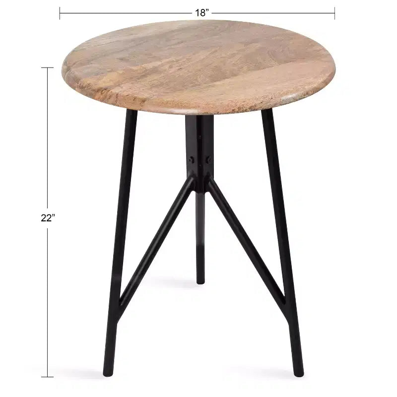 Tavolino Rotondo in Legno con Gambe in Ferro – 45,7x45,7x55,9 cm, Finitura Naturale