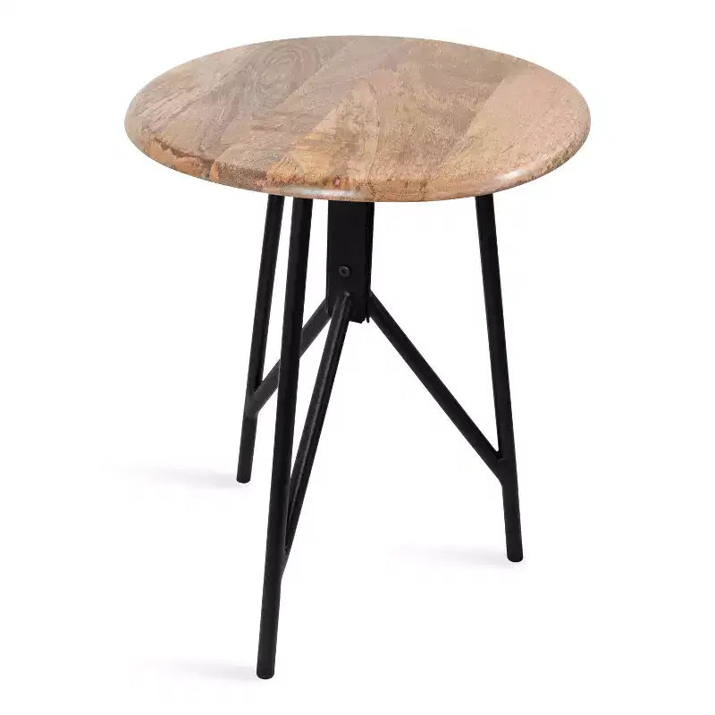 Tavolino Rotondo in Legno con Gambe in Ferro – 45,7x45,7x55,9 cm, Finitura Naturale