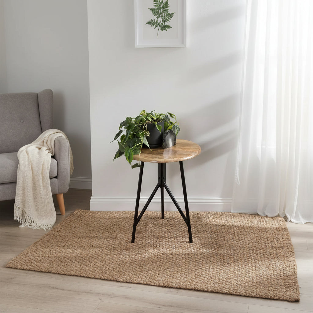 Tavolino Rotondo in Legno con Gambe in Ferro – 45,7x45,7x55,9 cm, Finitura Naturale