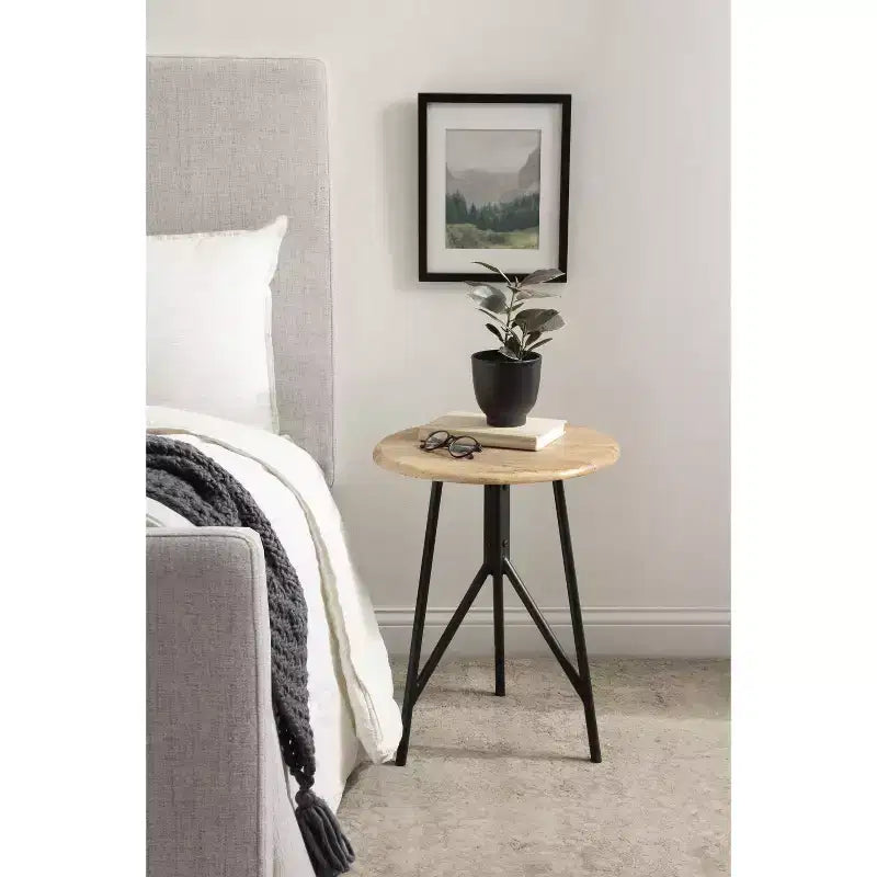 Tavolino Rotondo in Legno con Gambe in Ferro – 45,7x45,7x55,9 cm, Finitura Naturale