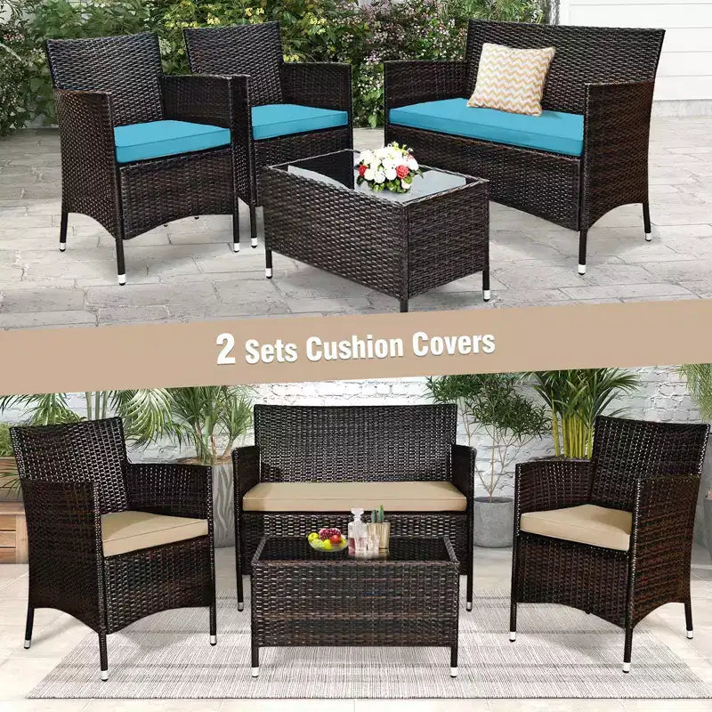Costway Set Mobili da Giardino in Vimini 4 Pezzi con Divano, Sedie e Cuscini Marroni e Grigi