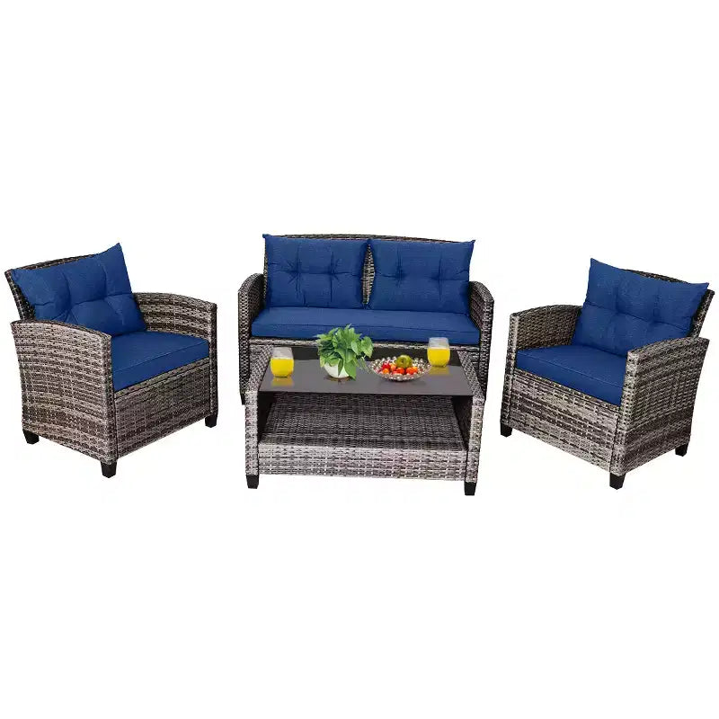 Costway Set di Mobili da Giardino in Rattan da 4/8 Pezzi Tavolino Divano con Cuscini Giardino Prato Blu Scuro