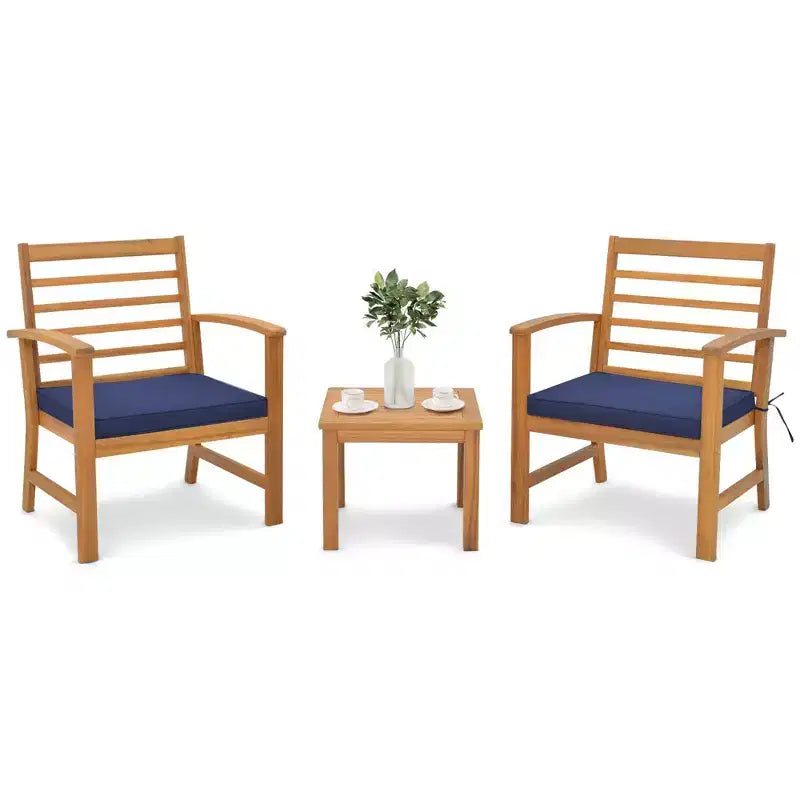 Costway Set di 3 Mobili da Esterno in Legno di Acacia, Set da Conversazione con Morbidi Cuscini per Seduta Bianco/Grigio/Blu scuro