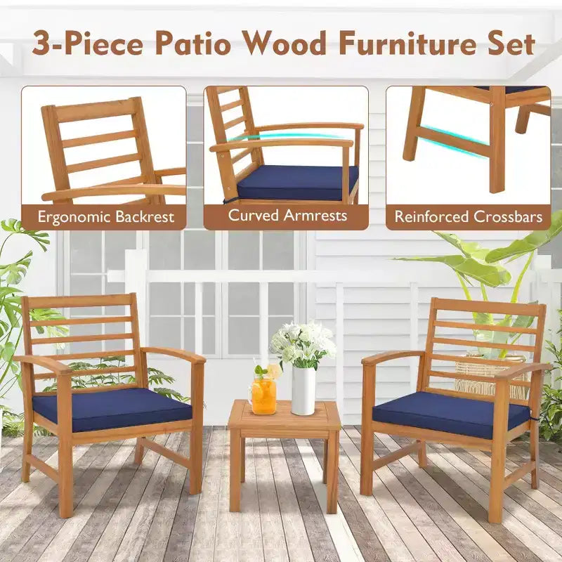 Costway Set di 3 Mobili da Esterno in Legno di Acacia, Set da Conversazione con Morbidi Cuscini per Seduta Bianco/Grigio/Blu scuro