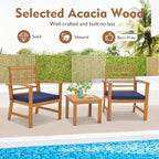 Costway Set di 3 Mobili da Esterno in Legno di Acacia, Set da Conversazione con Morbidi Cuscini per Seduta Bianco/Grigio/Blu scuro