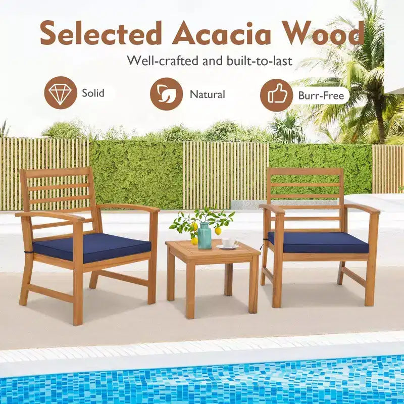 Costway Set di 3 Mobili da Esterno in Legno di Acacia, Set da Conversazione con Morbidi Cuscini per Seduta Bianco/Grigio/Blu scuro