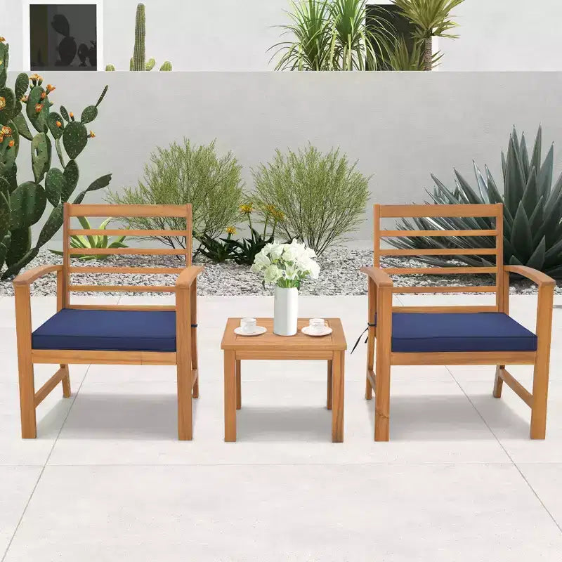 Costway Set di 3 Mobili da Esterno in Legno di Acacia, Set da Conversazione con Morbidi Cuscini per Seduta Bianco/Grigio/Blu scuro