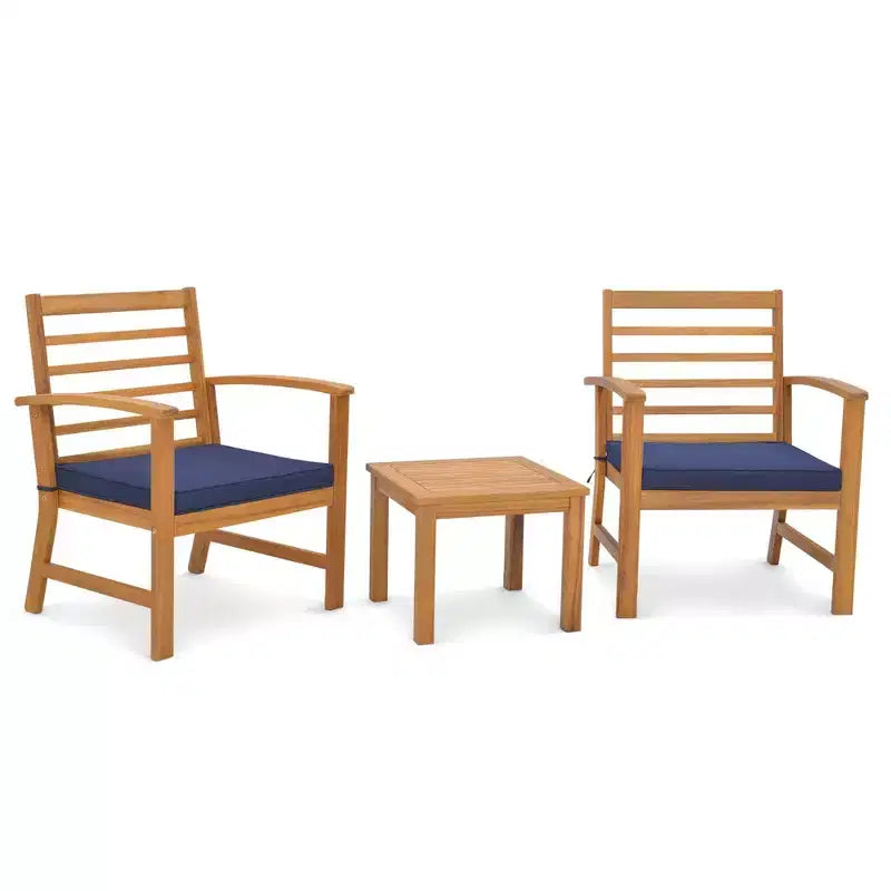Costway Set di 3 Mobili da Esterno in Legno di Acacia, Set da Conversazione con Morbidi Cuscini per Seduta Bianco/Grigio/Blu scuro