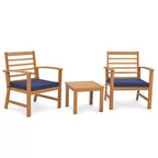 Costway Set di 3 Mobili da Esterno in Legno di Acacia, Set da Conversazione con Morbidi Cuscini per Seduta Bianco/Grigio/Blu scuro