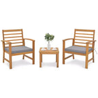 Costway Set di 3 Mobili da Esterno in Legno di Acacia, Set da Conversazione con Morbidi Cuscini per Seduta Bianco/Grigio/Blu scuro