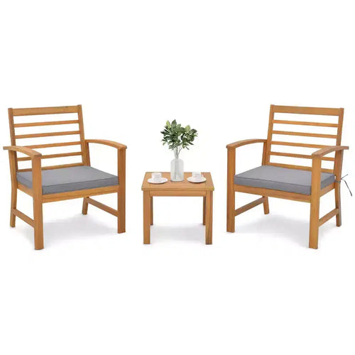 Costway Set di 3 Mobili da Esterno in Legno di Acacia, Set da Conversazione con Morbidi Cuscini per Seduta Bianco/Grigio/Blu scuro
