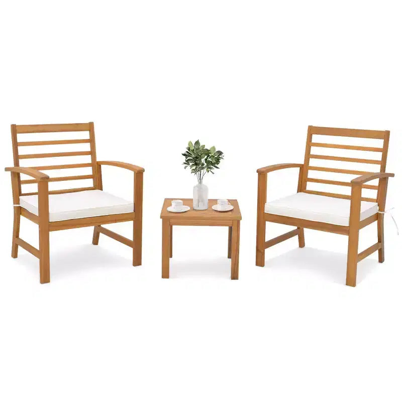Costway Set di 3 Mobili da Esterno in Legno di Acacia, Set da Conversazione con Morbidi Cuscini per Seduta Bianco/Grigio/Blu scuro