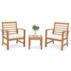 Costway Set di 3 Mobili da Esterno in Legno di Acacia, Set da Conversazione con Morbidi Cuscini per Seduta Bianco/Grigio/Blu scuro