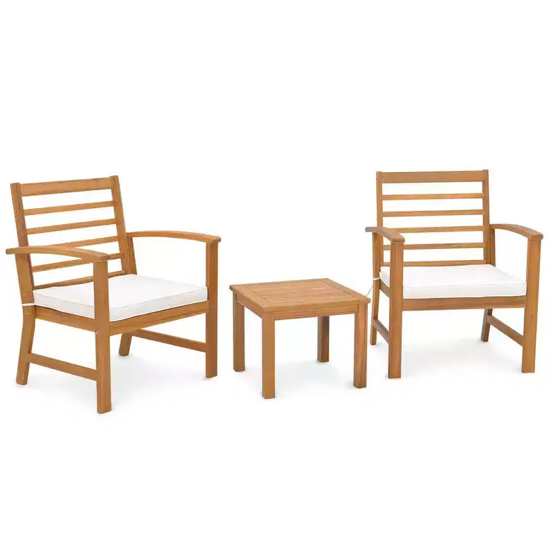 Costway Set di 3 Mobili da Esterno in Legno di Acacia, Set da Conversazione con Morbidi Cuscini per Seduta Bianco/Grigio/Blu scuro