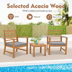 Costway Set di 3 Mobili da Esterno in Legno di Acacia, Set da Conversazione con Morbidi Cuscini per Seduta Bianco/Grigio/Blu scuro