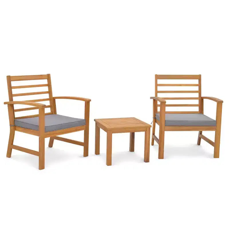 Costway Set di 3 Mobili da Esterno in Legno di Acacia, Set da Conversazione con Morbidi Cuscini per Seduta Bianco/Grigio/Blu scuro